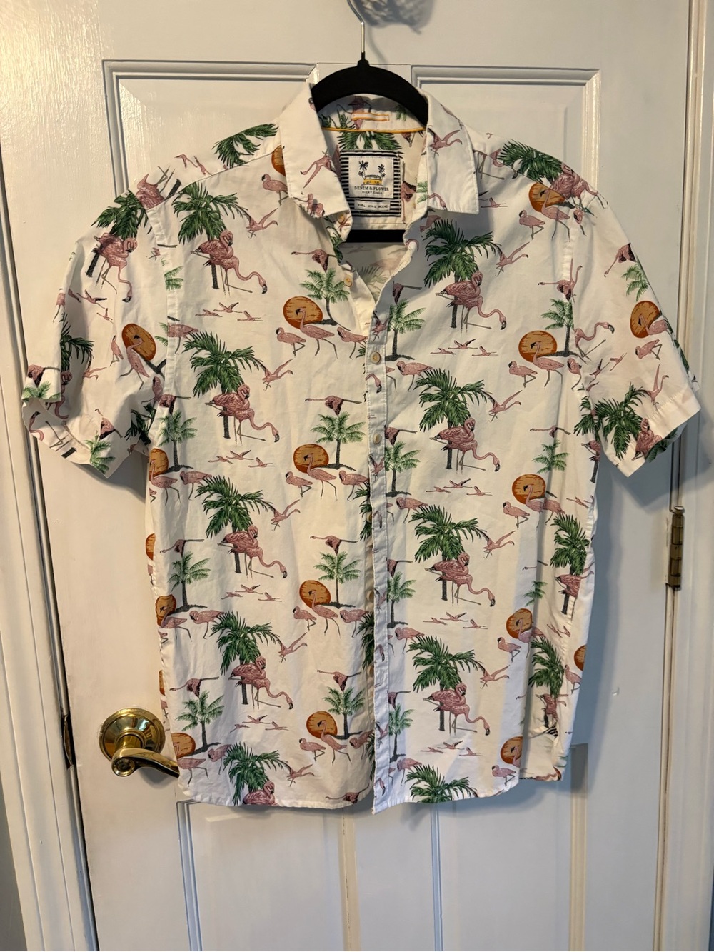 Denim & Flower White Short Sleeve Flamingo Print Button-Down Shirt